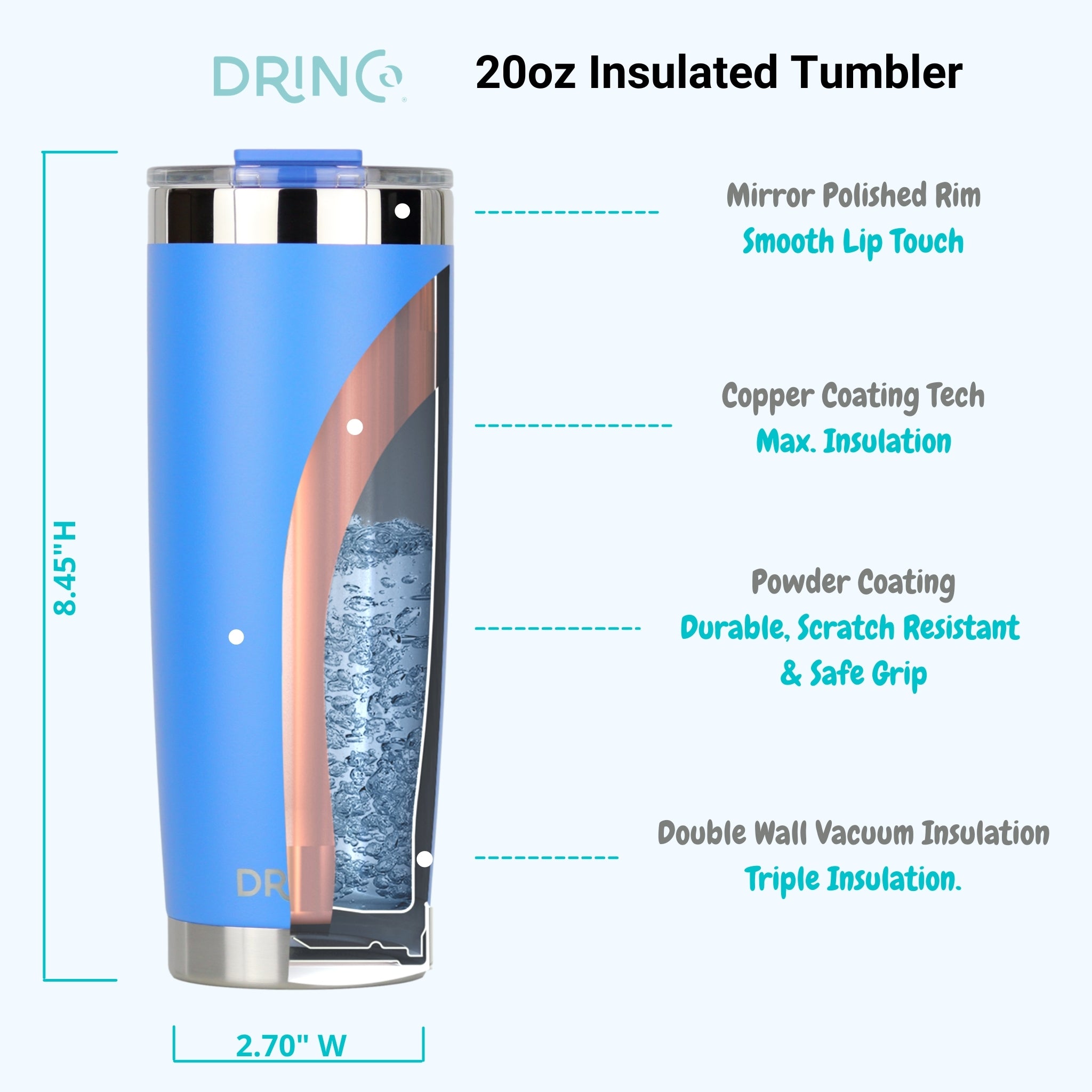 DRINCO® 20oz Insulated Tumbler w/Spill Proof Lid 2 Straws(Royal Blue) by Orchid Lavender Tumblers
