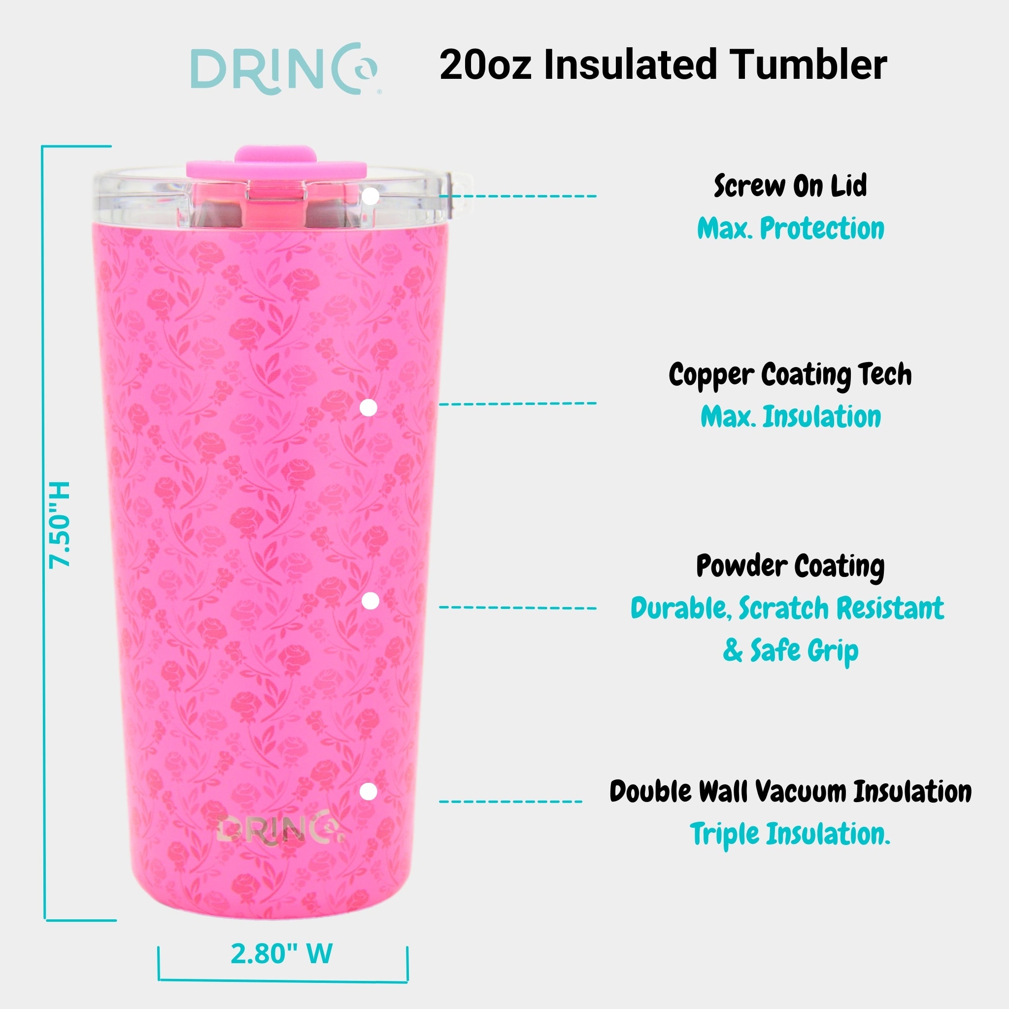DRINCO® Seattle 20oz Insulated Tumbler Leakproof w/straw-Pink Rose by Orchid Lavender Tumblers