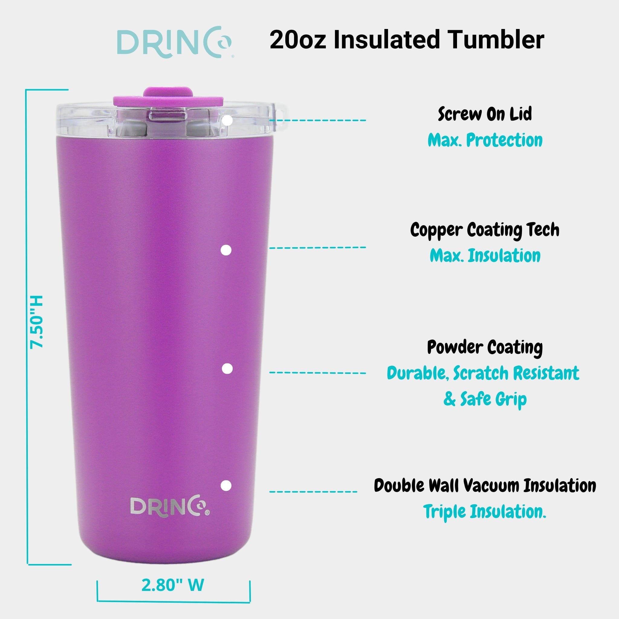 DRINCO® Seattle 20oz Insulated Tumbler Spill Proof Lid w/straw-Purple by Orchid Lavender Tumblers
