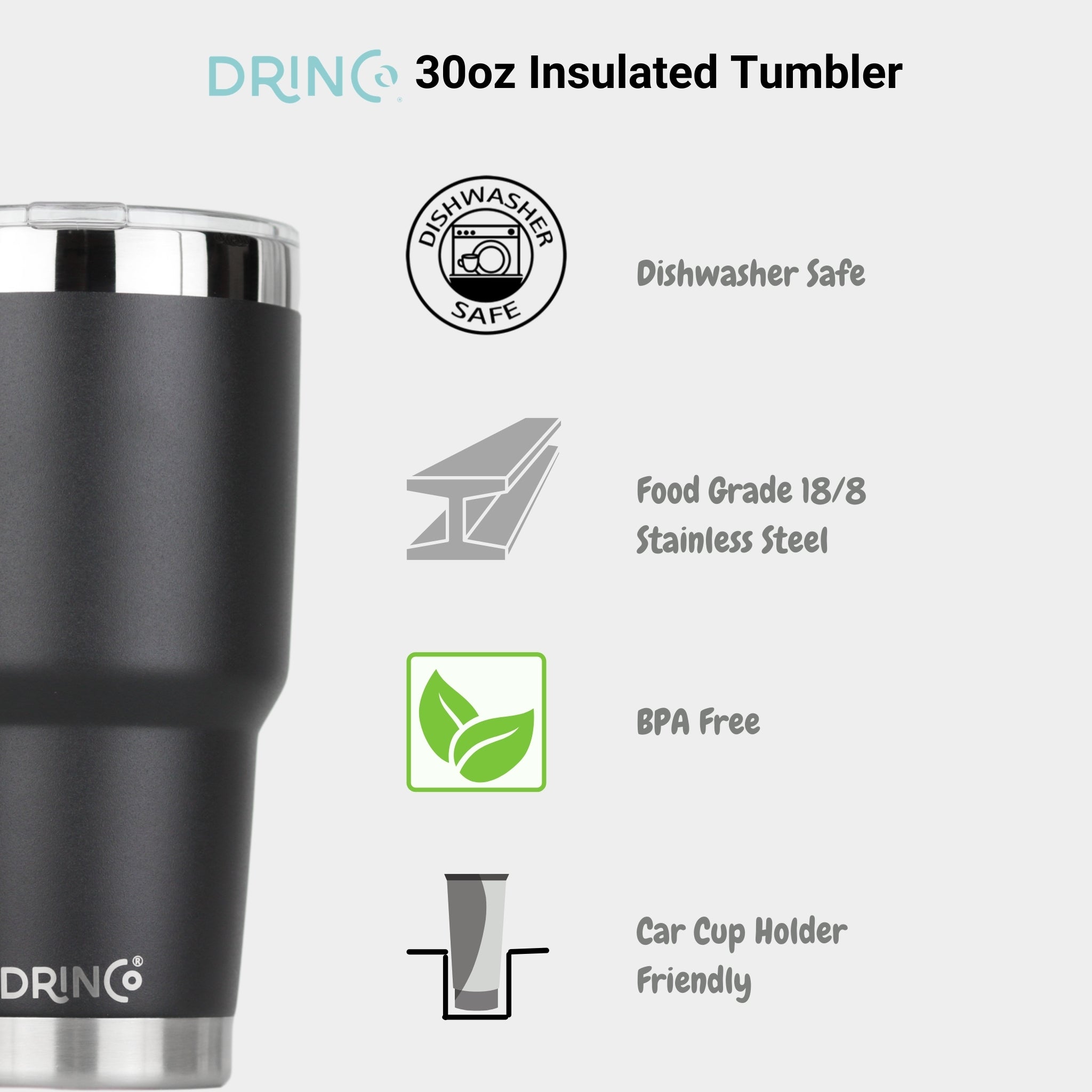 DRINCO® 30oz Insulated Tumbler Spill Proof Lid w/2 Straws (Black) by Orchid Lavender Tumblers