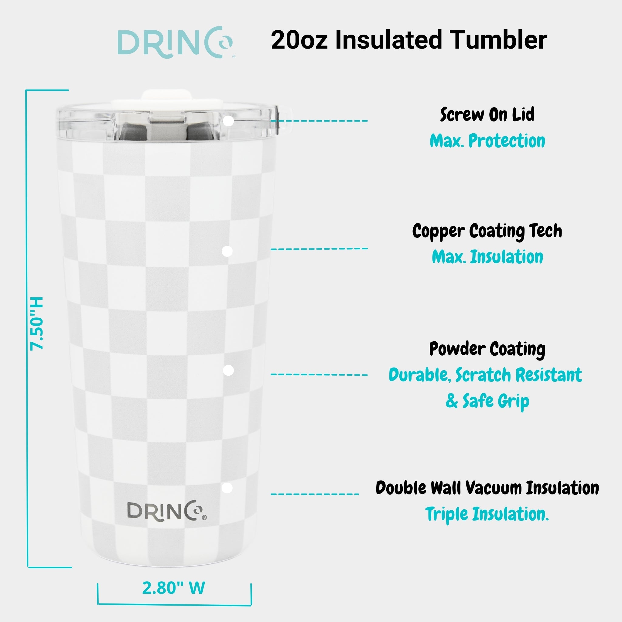 DRINCO® Seattle 20oz Insulated Tumbler Leakproof w/straw-Checker by Orchid Lavender Tumblers