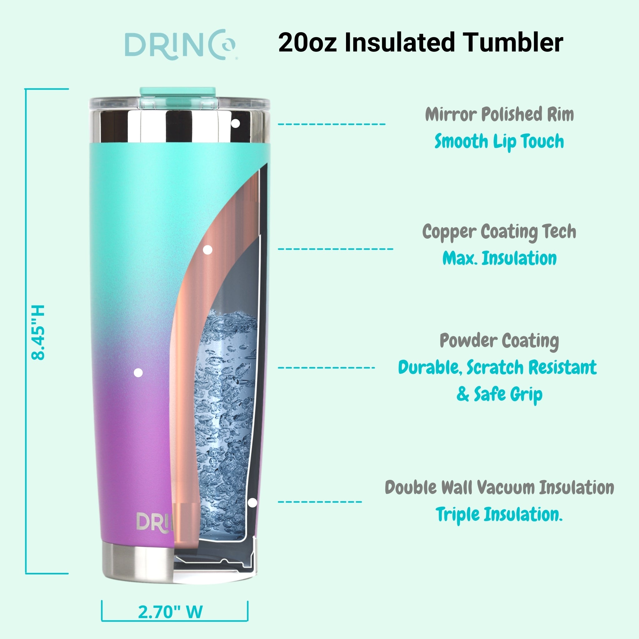 DRINCO® 20oz Insulated Tumbler Spill Proof Lid 2 Straws(Ombre Teal) by Orchid Lavender Tumblers