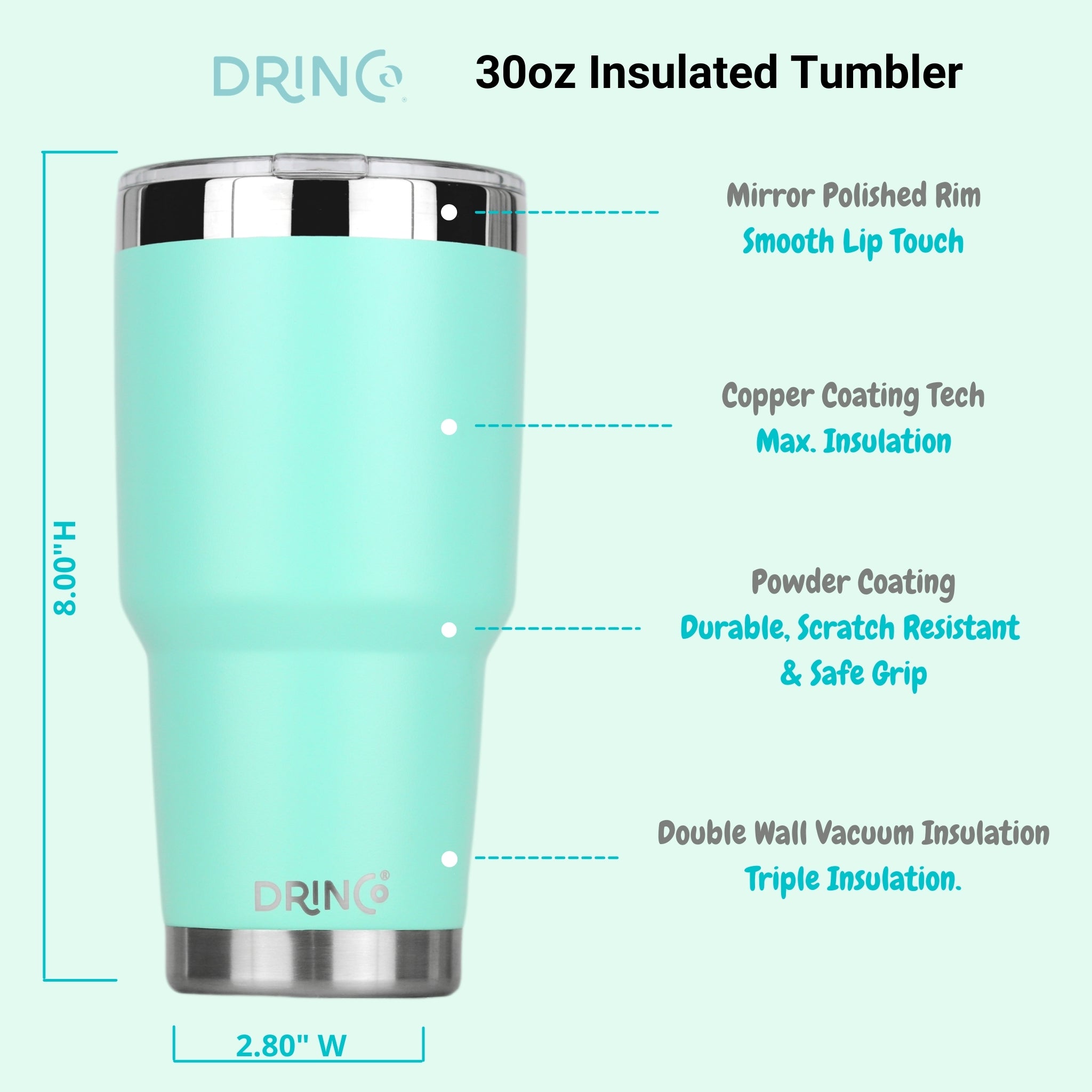 DRINCO® 30oz Insulated Tumbler Spill Proof Lid w/2 Straws (Teal) by Orchid Lavender Tumblers
