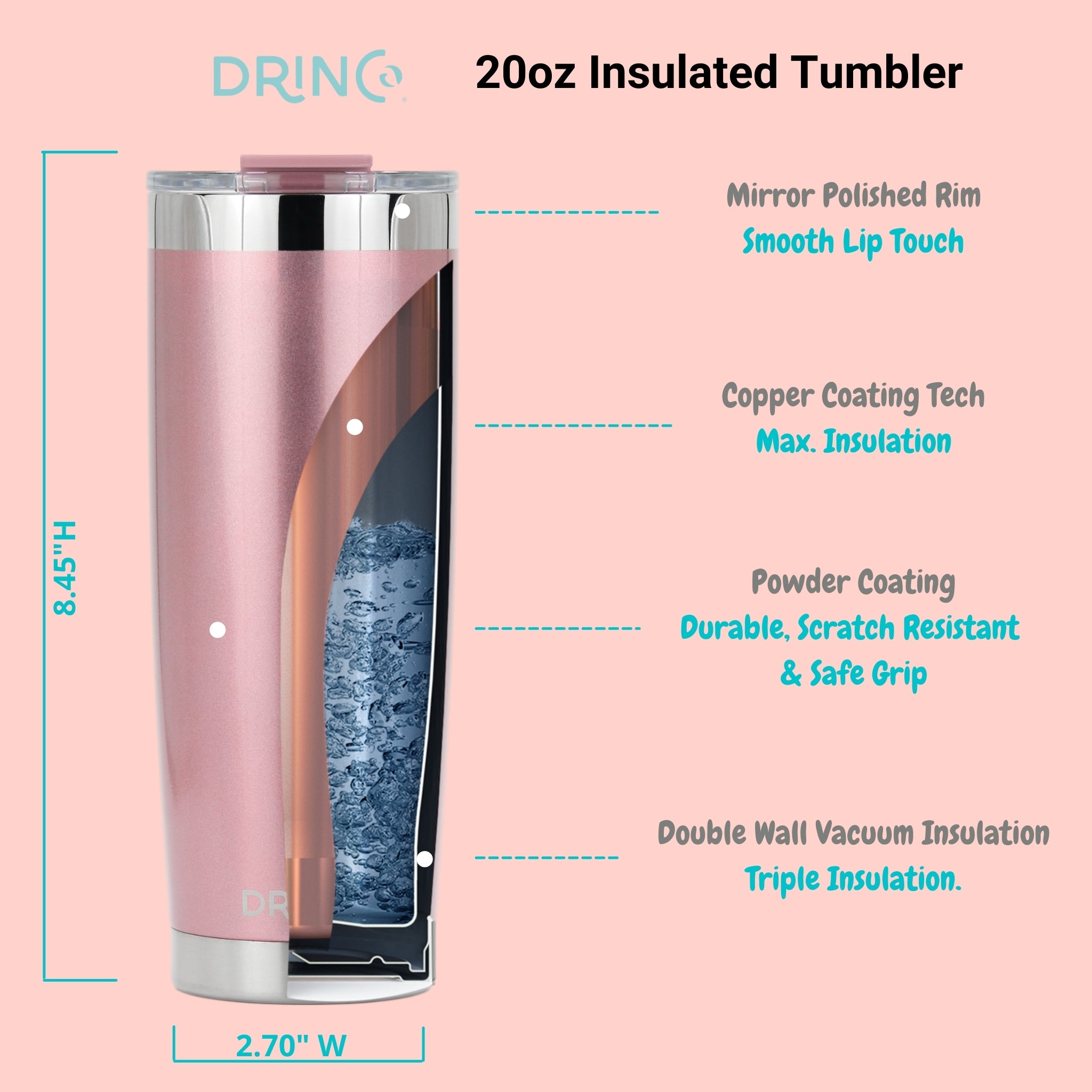 DRINCO® 20oz Insulated Tumbler Spill Proof Lid 2 Straws (Rose Gold) by Orchid Lavender Tumblers