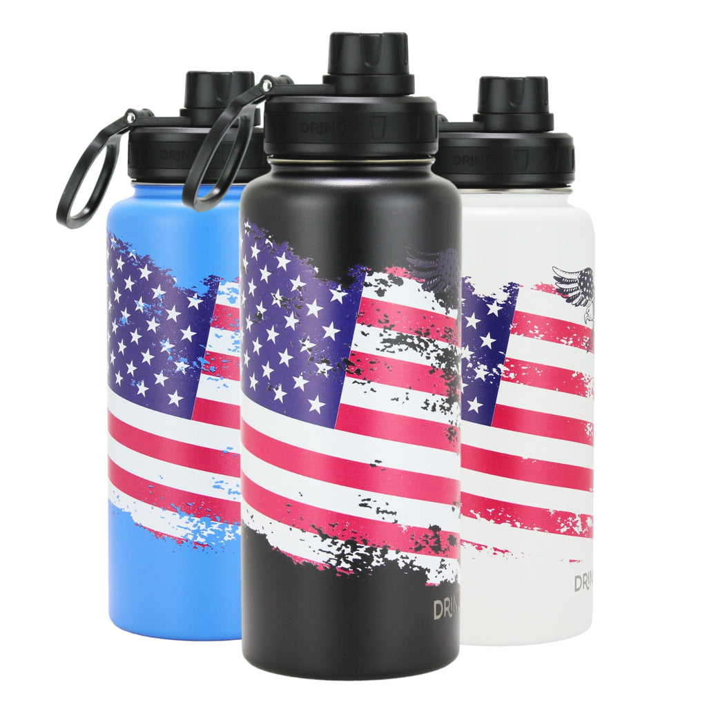 DRINCO® 32oz Stainless Steel Water Bottle-US Flag Color-Artic White by Orchid Lavender Water Bottles