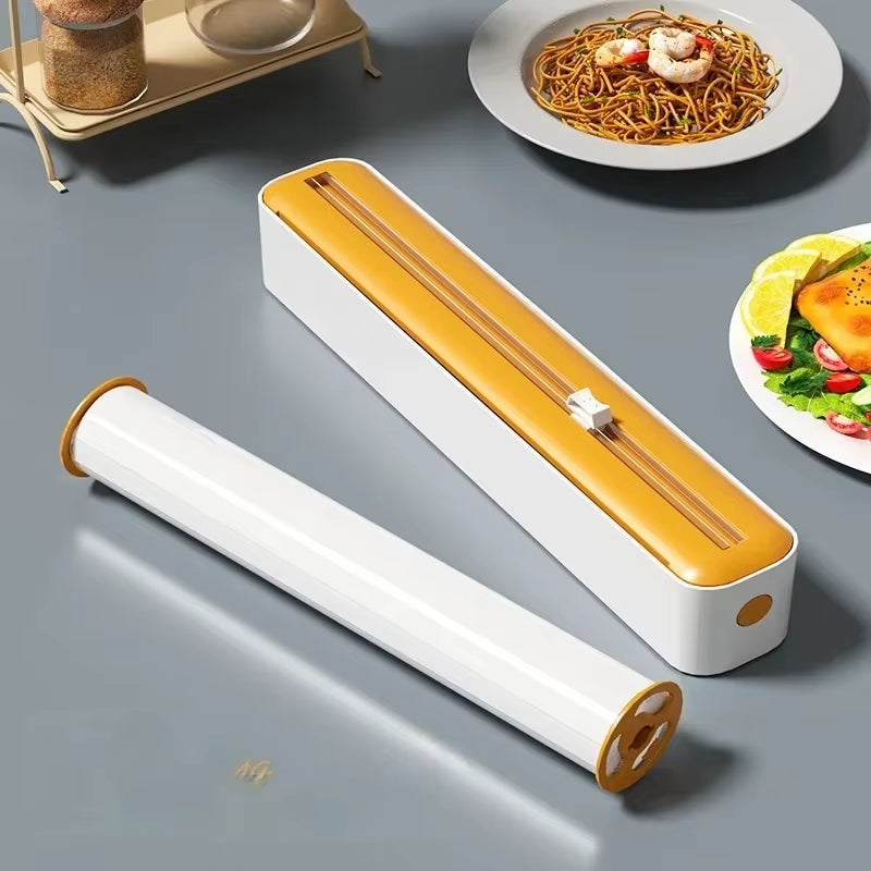 2 in 1 Food Film Dispenser Wrap Dispenser with Cutter Storage Box Aluminum Foil Stretch Film Cutter Wall Shelf Kitchen Organizer by Cosmic Inventory