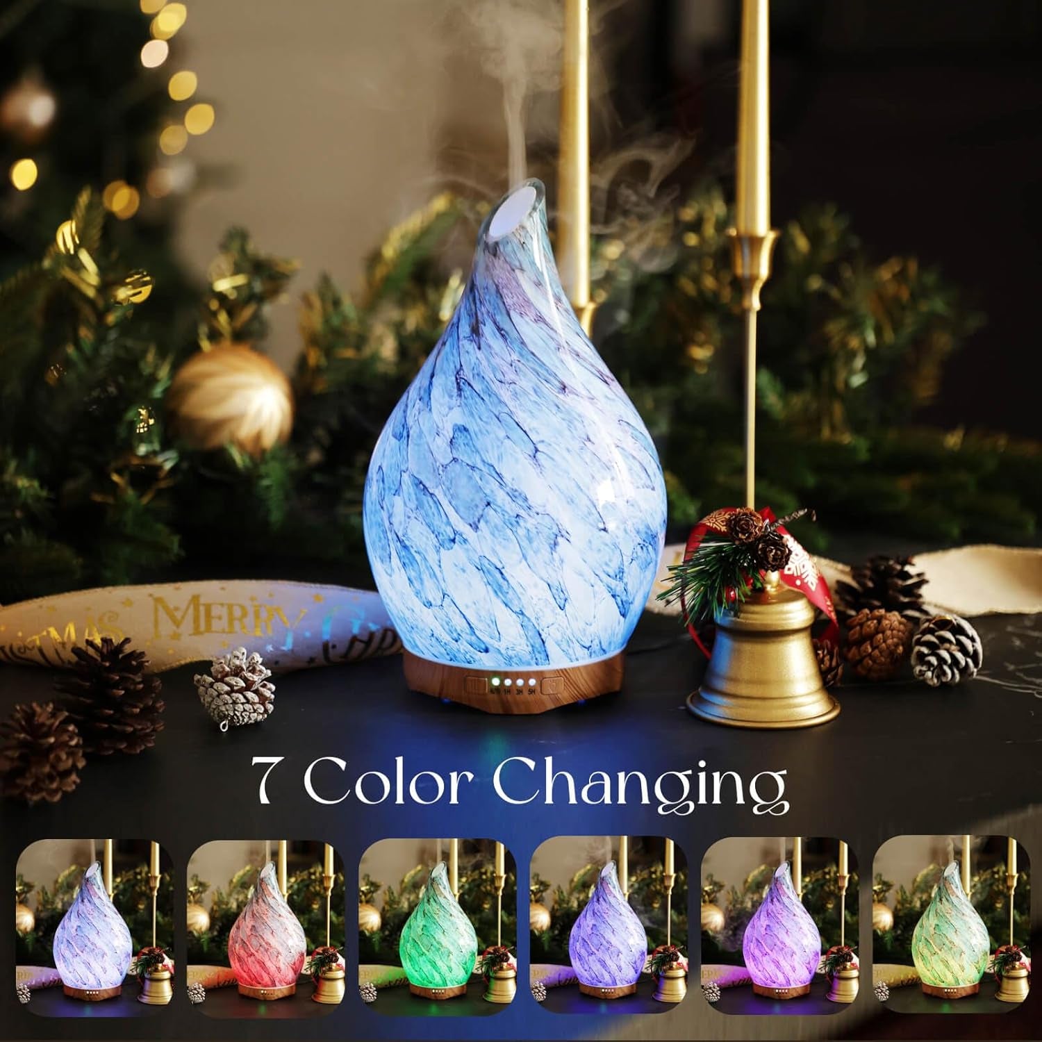 280Ml Essential Oil Diffuser Glass Color Changing Aroma Air Diffusers Aromatherapy Ultrasonic Cool Mist Humidifier with Remote Control 7 Running Hours Waterless Auto-Off (Light Blue) by Cosmic Inventory
