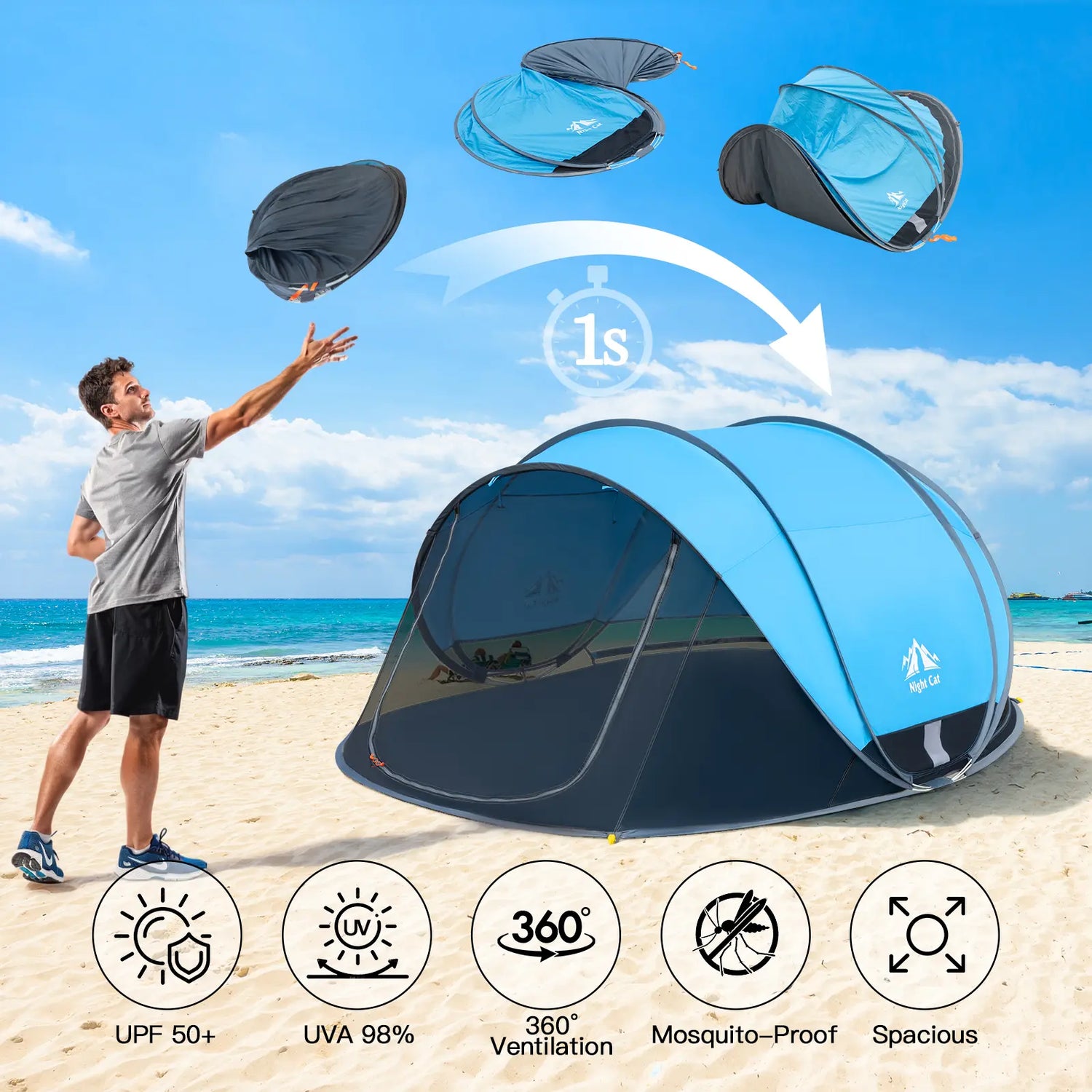 Night Cat UPF 50+ Pop-Up Beach Tent for 2-4 Persons - Easy Setup, Outdoor Camping Tent, UV Resistant Canopy, Windproof, Portable Sunshade Shelter (285X200X115Cm) with Mesh Panels, Storage Pockets - Camping Gear for Family Beach Outings, Picnics by Cosmic Inventory